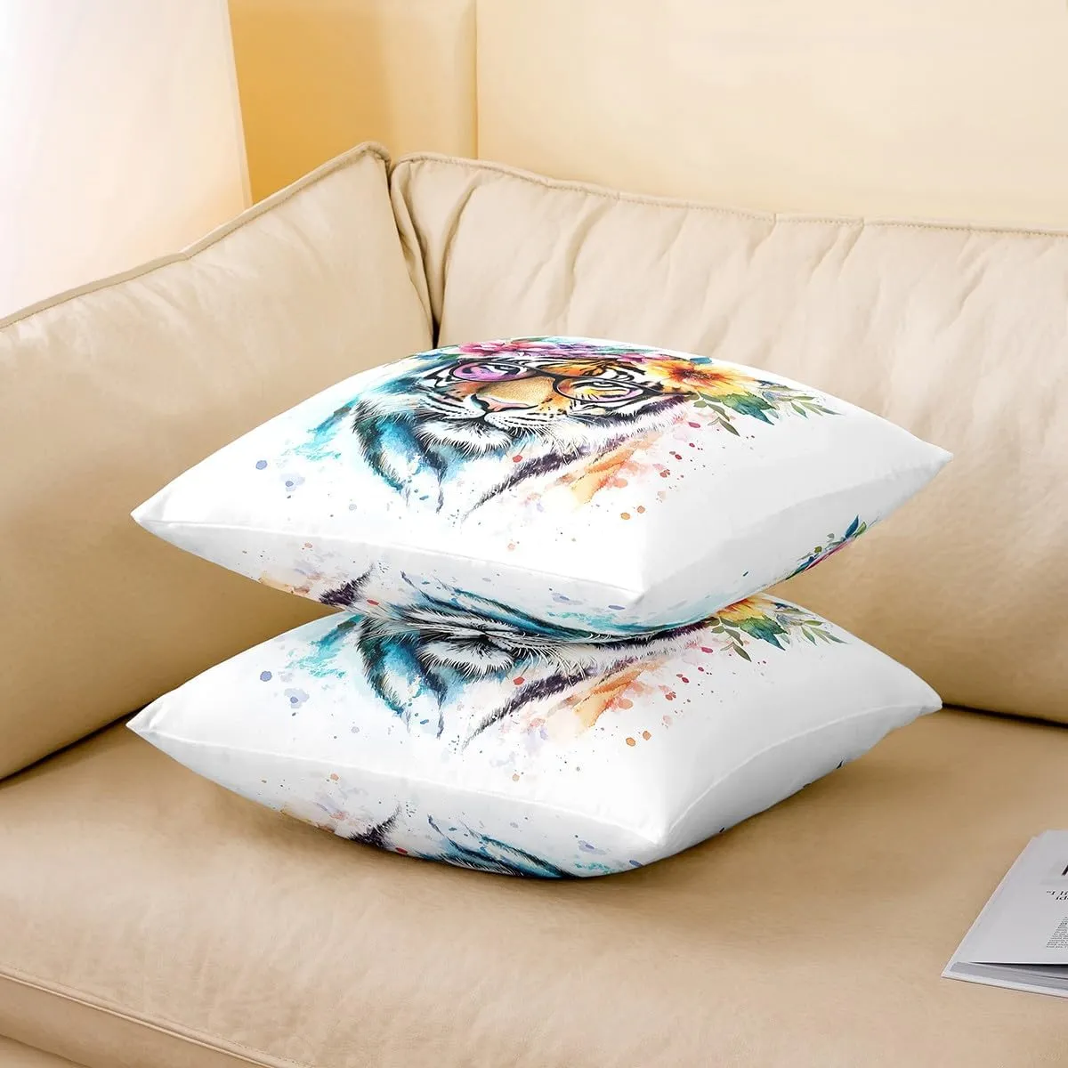 Castle Fairy Wild Tiger Throw Pillow Covers,Jungle Wildlife Animals Cushion Covers 16"x16" for Boys Teens,Watercolor Tie Dyed Animals Pillowcases for Car RV,Rustic Flowers Pillow Covers,Set of 2