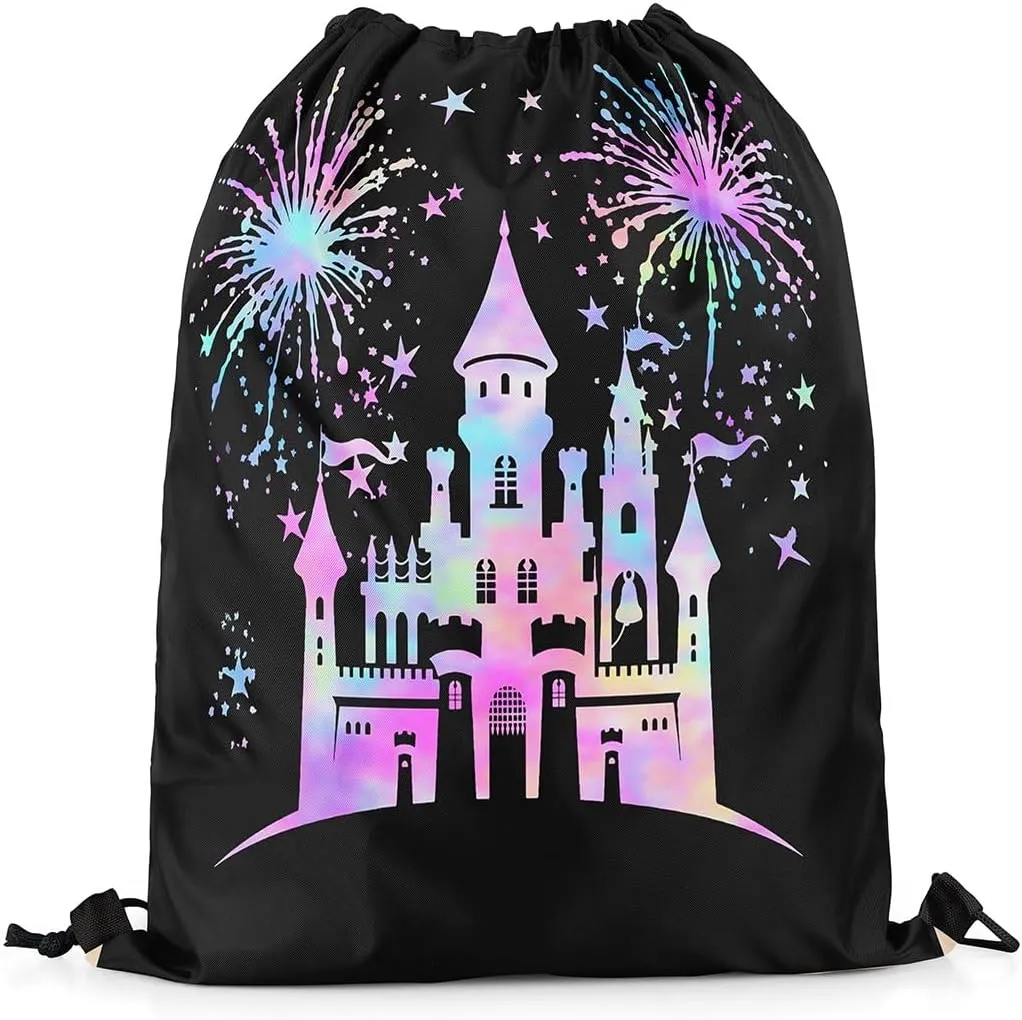 Castle Silhouette Drawstring Backpack Bags,Dreamy Colorful Gradient Gym String Sackpack Bag,Princess Fairy Tale Waterproof Cinch Bag 13"x16"