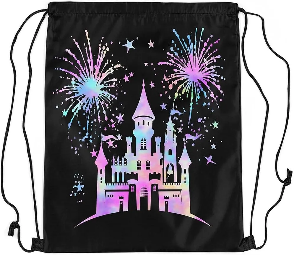 Castle Silhouette Drawstring Backpack Bags,Dreamy Colorful Gradient Gym String Sackpack Bag,Princess Fairy Tale Waterproof Cinch Bag 13"x16"