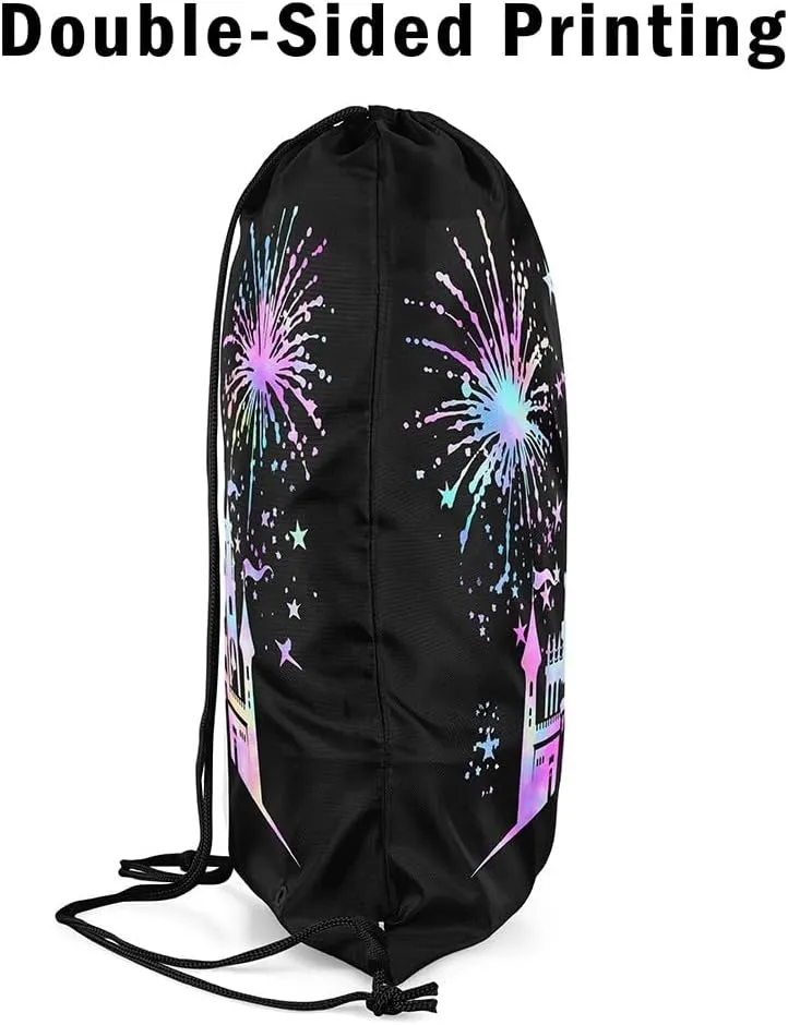 Castle Silhouette Drawstring Backpack Bags,Dreamy Colorful Gradient Gym String Sackpack Bag,Princess Fairy Tale Waterproof Cinch Bag 13"x16"