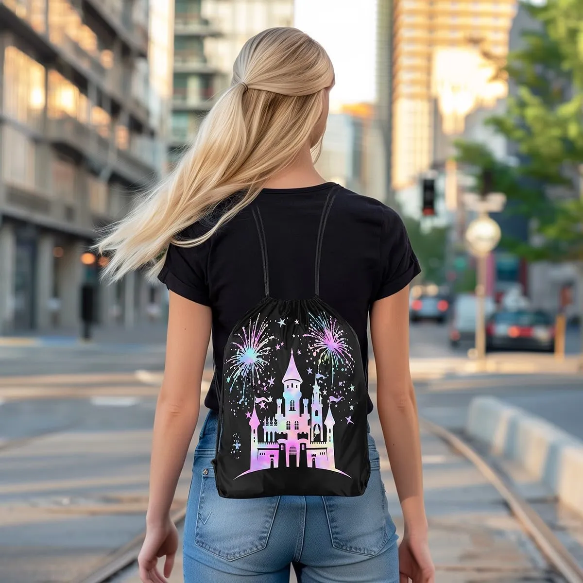Castle Silhouette Drawstring Backpack Bags,Dreamy Colorful Gradient Gym String Sackpack Bag,Princess Fairy Tale Waterproof Cinch Bag 13"x16"