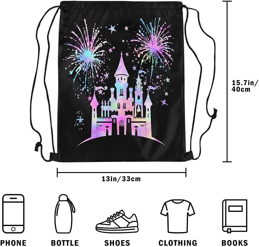 Castle Silhouette Drawstring Backpack Bags,Dreamy Colorful Gradient Gym String Sackpack Bag,Princess Fairy Tale Waterproof Cinch Bag 13"x16"