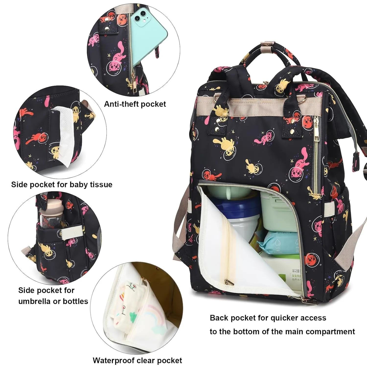 Cat Diaper Bag Backpack for Baby Girls, Mom Waterproof Large Nappy Bags for Women