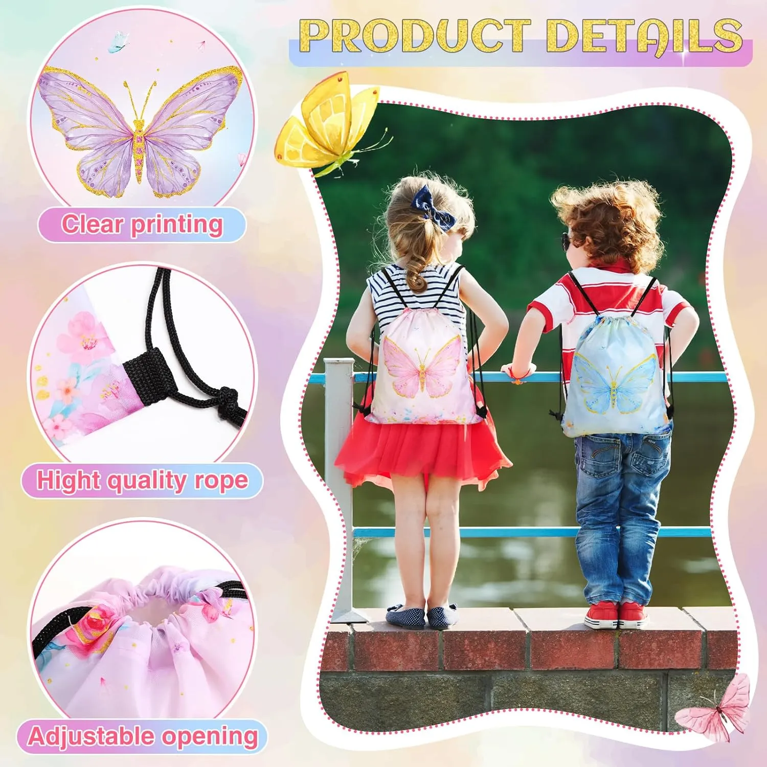 Censen 24 Pcs Butterfly Party Favors Drawstring Bags Bulk 12 x 10 Inch Waterproof Beach Treat Candy Gift Bag for Girls Boys Kids Baby Shower Butterfly Fairy Birthday Party Supplies