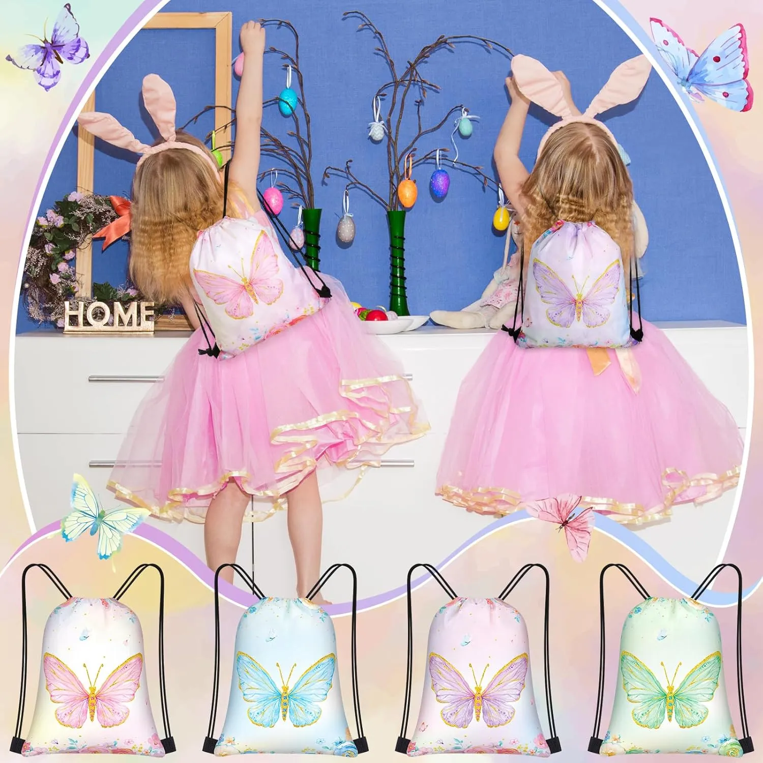 Censen 24 Pcs Butterfly Party Favors Drawstring Bags Bulk 12 x 10 Inch Waterproof Beach Treat Candy Gift Bag for Girls Boys Kids Baby Shower Butterfly Fairy Birthday Party Supplies