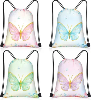 Censen 24 Pcs Butterfly Party Favors Drawstring Bags Bulk 12 x 10 Inch Waterproof Beach Treat Candy Gift Bag for Girls Boys Kids Baby Shower Butterfly Fairy Birthday Party Supplies