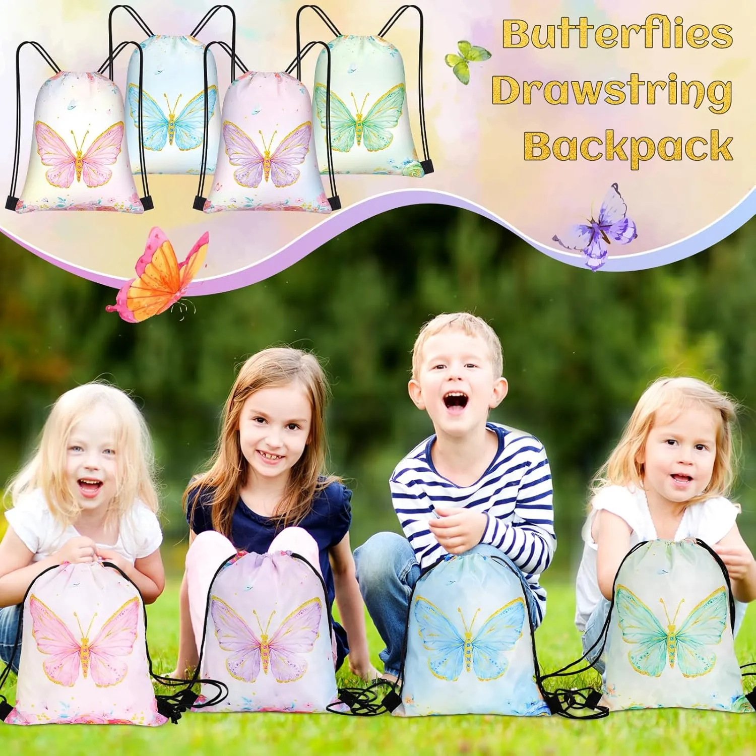Censen 24 Pcs Butterfly Party Favors Drawstring Bags Bulk 12 x 10 Inch Waterproof Beach Treat Candy Gift Bag for Girls Boys Kids Baby Shower Butterfly Fairy Birthday Party Supplies