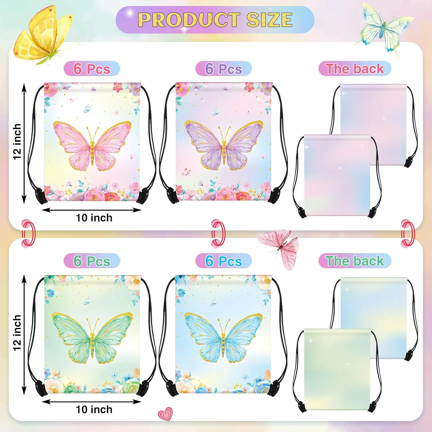 Censen 24 Pcs Butterfly Party Favors Drawstring Bags Bulk 12 x 10 Inch Waterproof Beach Treat Candy Gift Bag for Girls Boys Kids Baby Shower Butterfly Fairy Birthday Party Supplies
