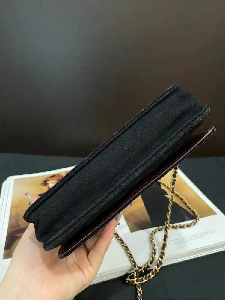 Chanel Limited Edition Black Flannel Badge CC Wallet On Chain Bag
