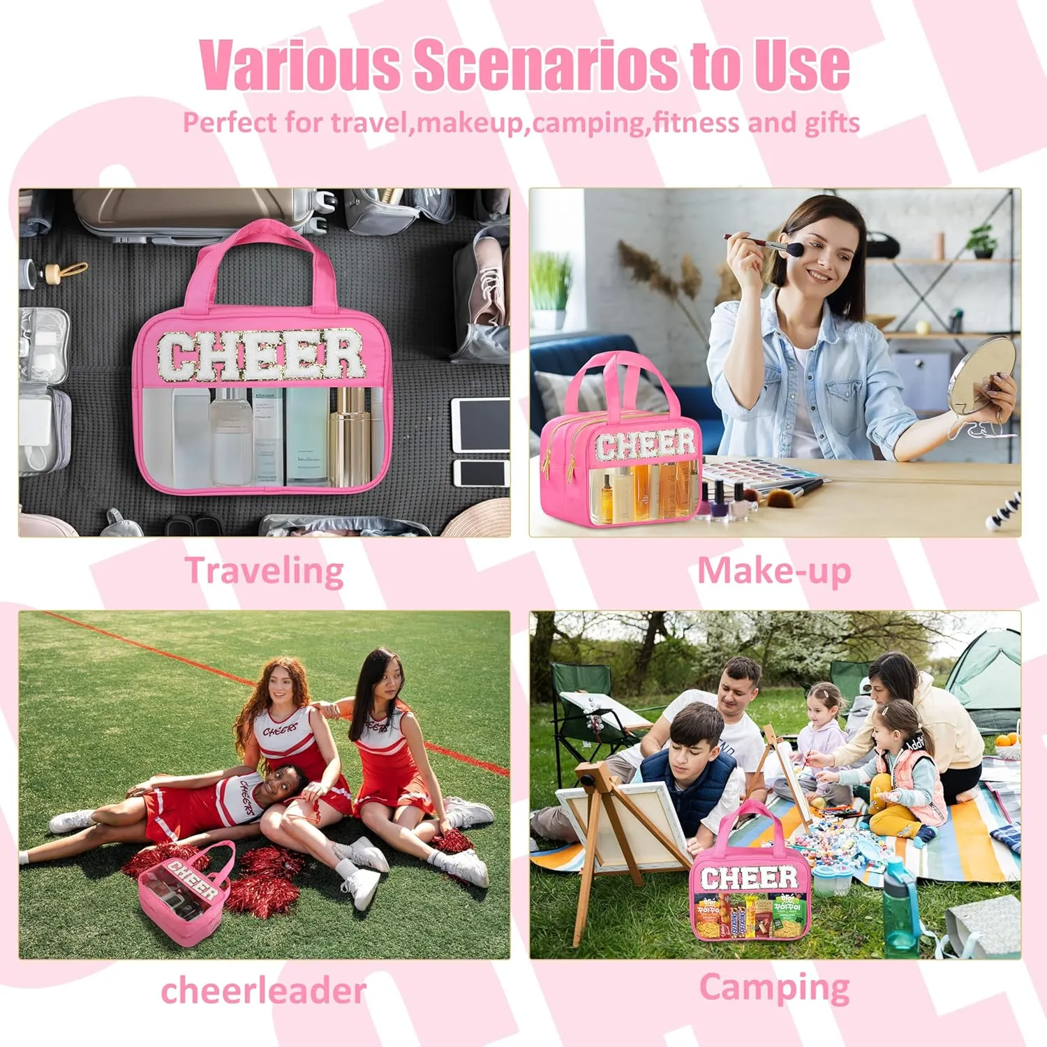Cheer Chenille Letter Bags Clear Makeup Bag for Travel, Cheerleader Gifts Cosmetic Bag with Handles and Zipper, Nylon & PVC Waterproof Large Cheer Accessories Toiletry Bag for Women