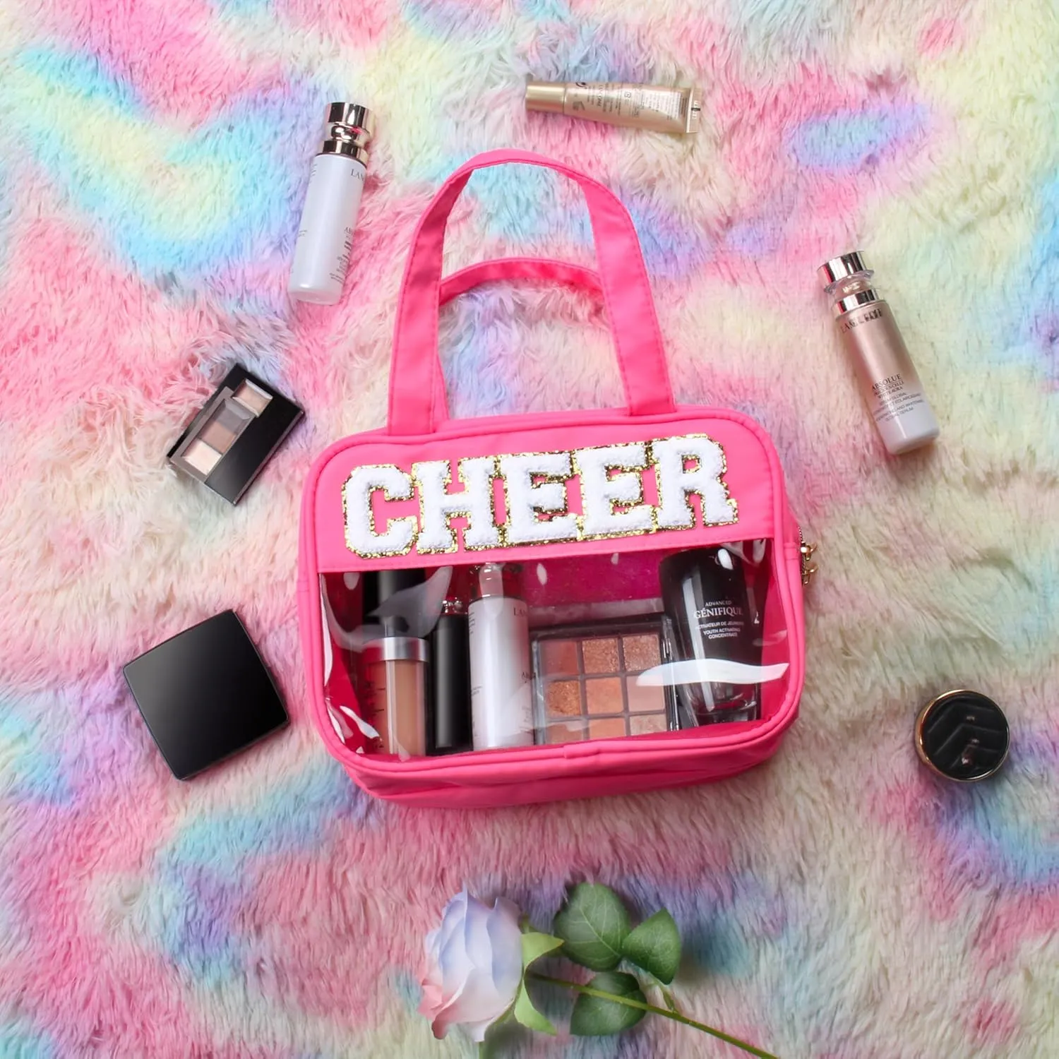 Cheer Chenille Letter Bags Clear Makeup Bag for Travel, Cheerleader Gifts Cosmetic Bag with Handles and Zipper, Nylon & PVC Waterproof Large Cheer Accessories Toiletry Bag for Women
