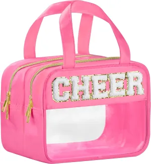 Cheer Chenille Letter Bags Clear Makeup Bag for Travel, Cheerleader Gifts Cosmetic Bag with Handles and Zipper, Nylon & PVC Waterproof Large Cheer Accessories Toiletry Bag for Women