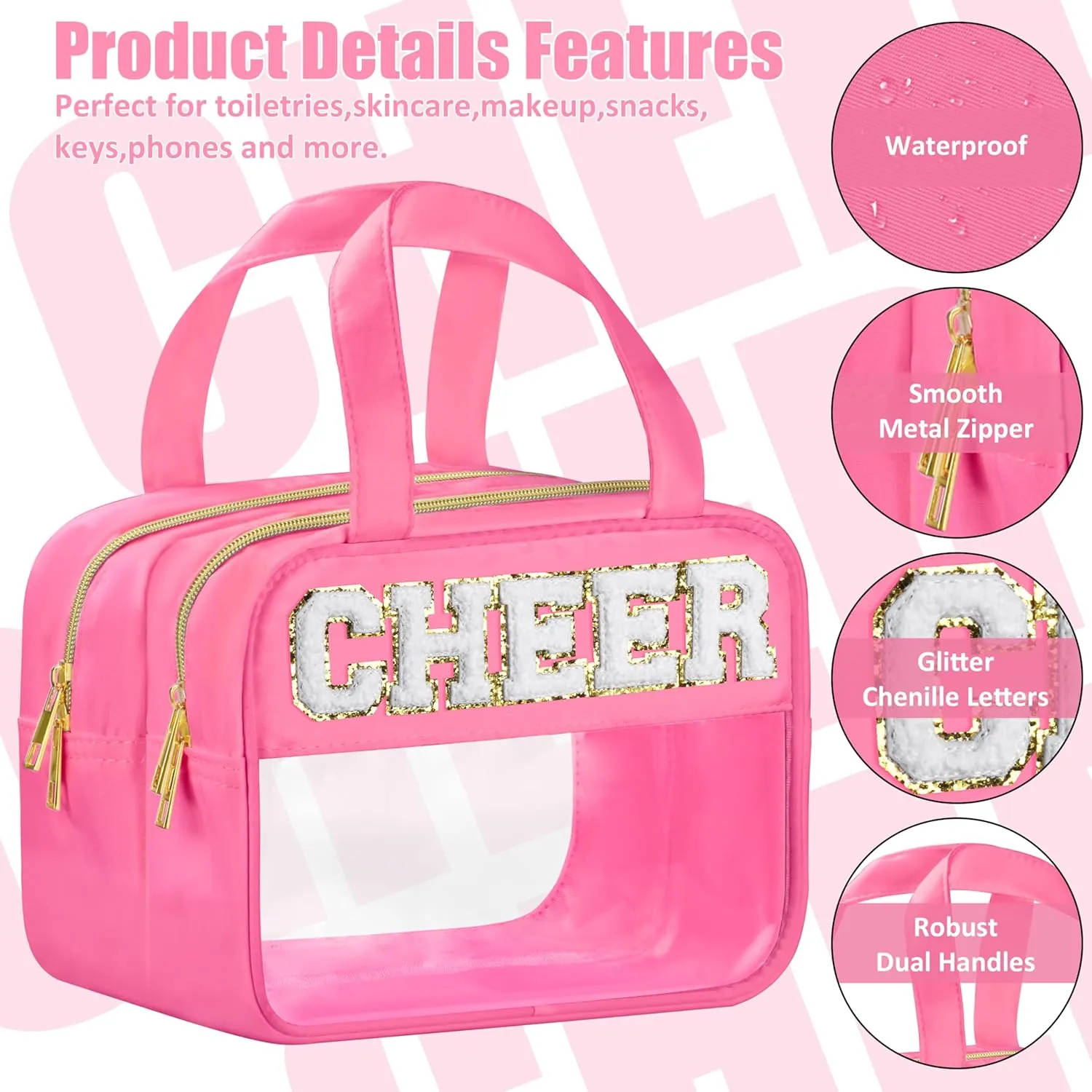 Cheer Chenille Letter Bags Clear Makeup Bag for Travel, Cheerleader Gifts Cosmetic Bag with Handles and Zipper, Nylon & PVC Waterproof Large Cheer Accessories Toiletry Bag for Women