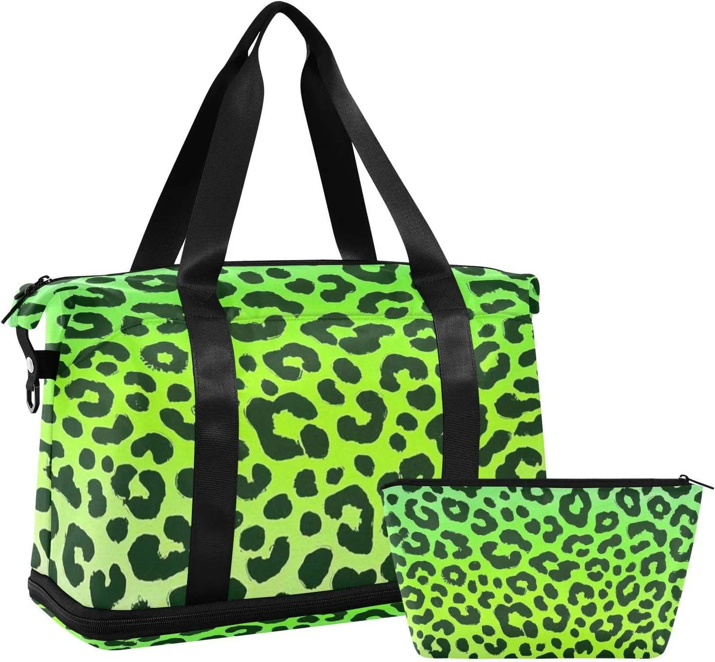 Cheetah Fur Skin Gradient Green Travel Tote Bag Weekender Duffel Bag with Adjustable Strap for Hiking Large Capacity