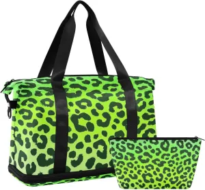 Cheetah Fur Skin Gradient Green Travel Tote Bag Weekender Duffel Bag with Adjustable Strap for Hiking Large Capacity