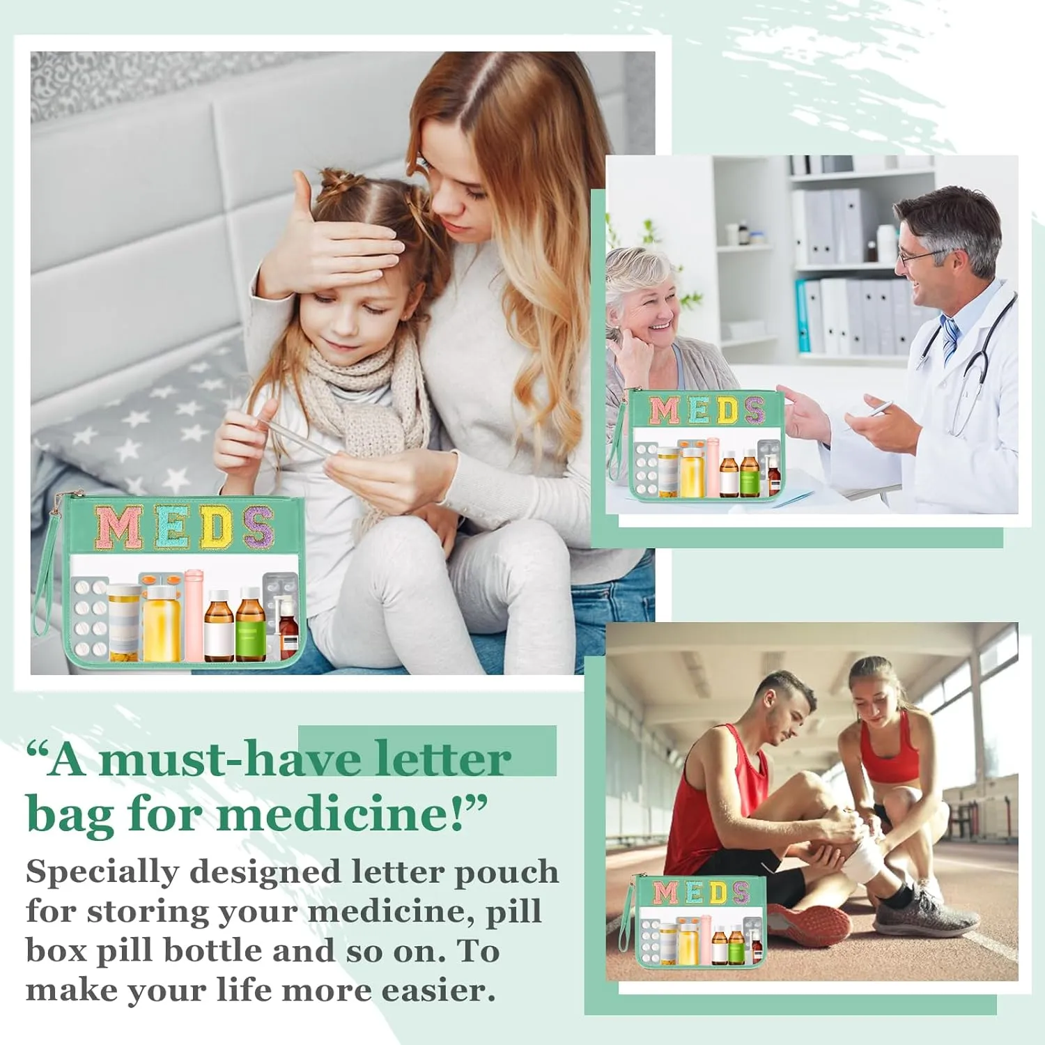 Chenille Letter Bag Clear MEDS Makeup Pouch, Preppy Patch Small Medicine Bag Travel Drugs Pills Zipper Pouch with Wristlet, Waterproof Portable Meds Bag Storage Organizer for Patient Nurse(MEDS-Green)