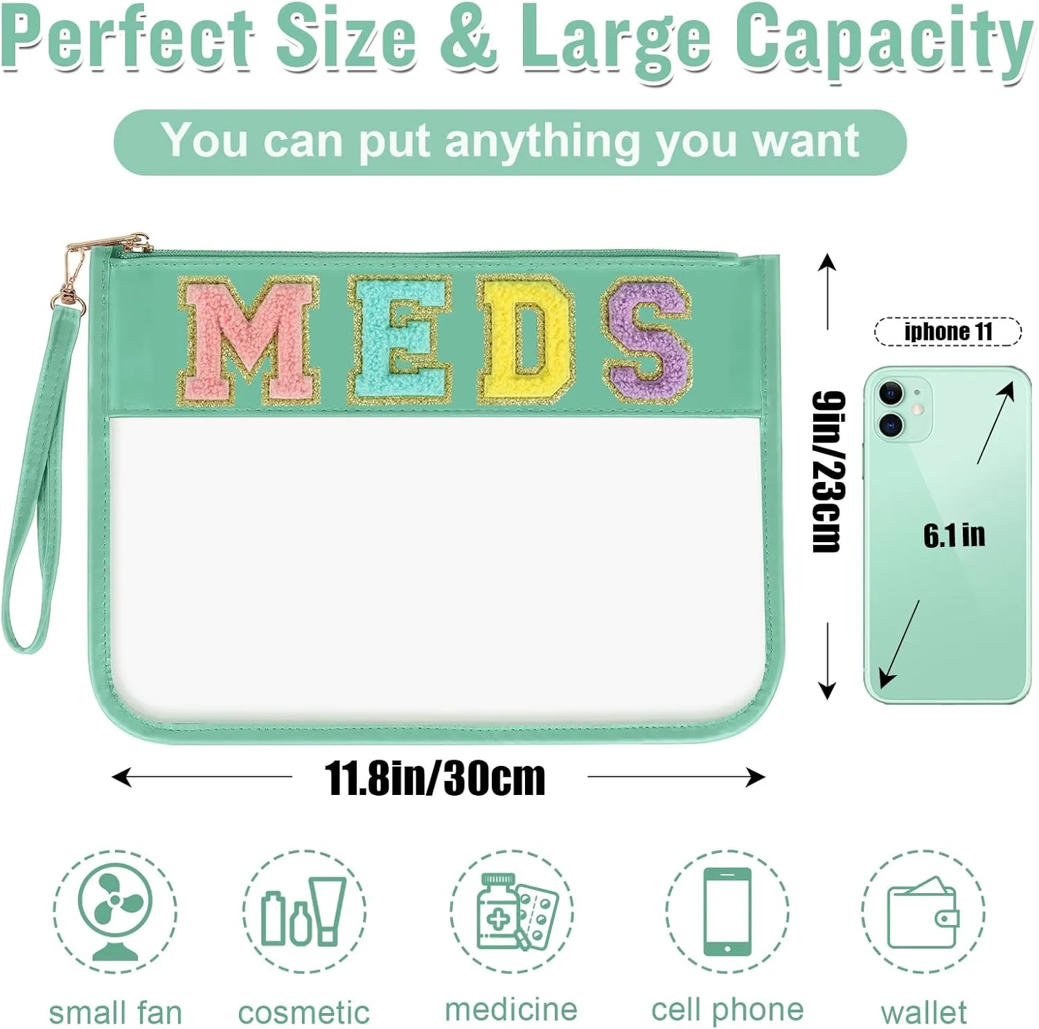 Chenille Letter Bag Clear MEDS Makeup Pouch, Preppy Patch Small Medicine Bag Travel Drugs Pills Zipper Pouch with Wristlet, Waterproof Portable Meds Bag Storage Organizer for Patient Nurse(MEDS-Green)