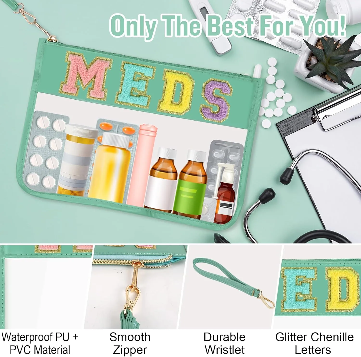 Chenille Letter Bag Clear MEDS Makeup Pouch, Preppy Patch Small Medicine Bag Travel Drugs Pills Zipper Pouch with Wristlet, Waterproof Portable Meds Bag Storage Organizer for Patient Nurse(MEDS-Green)