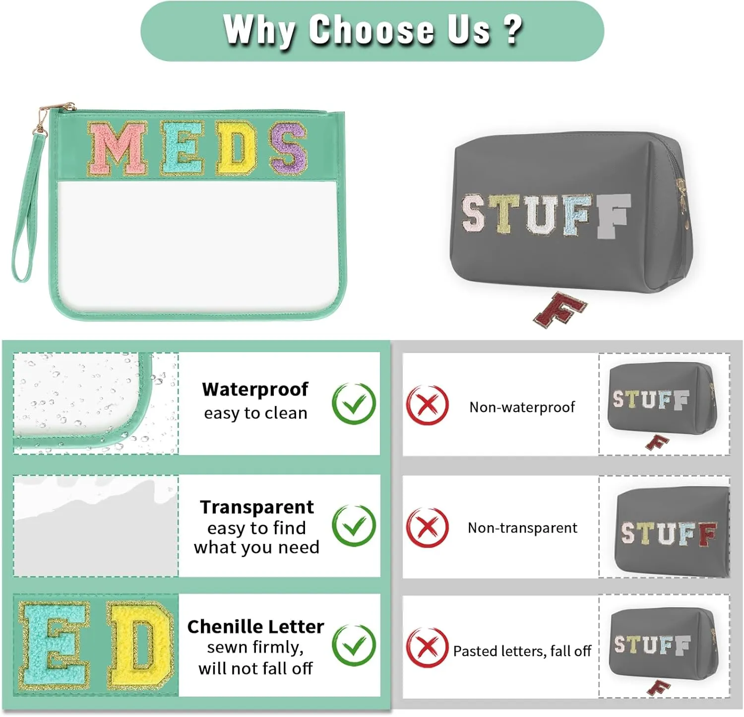 Chenille Letter Bag Clear MEDS Makeup Pouch, Preppy Patch Small Medicine Bag Travel Drugs Pills Zipper Pouch with Wristlet, Waterproof Portable Meds Bag Storage Organizer for Patient Nurse(MEDS-Green)