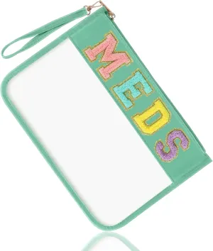 Chenille Letter Bag Clear MEDS Makeup Pouch, Preppy Patch Small Medicine Bag Travel Drugs Pills Zipper Pouch with Wristlet, Waterproof Portable Meds Bag Storage Organizer for Patient Nurse(MEDS-Green)
