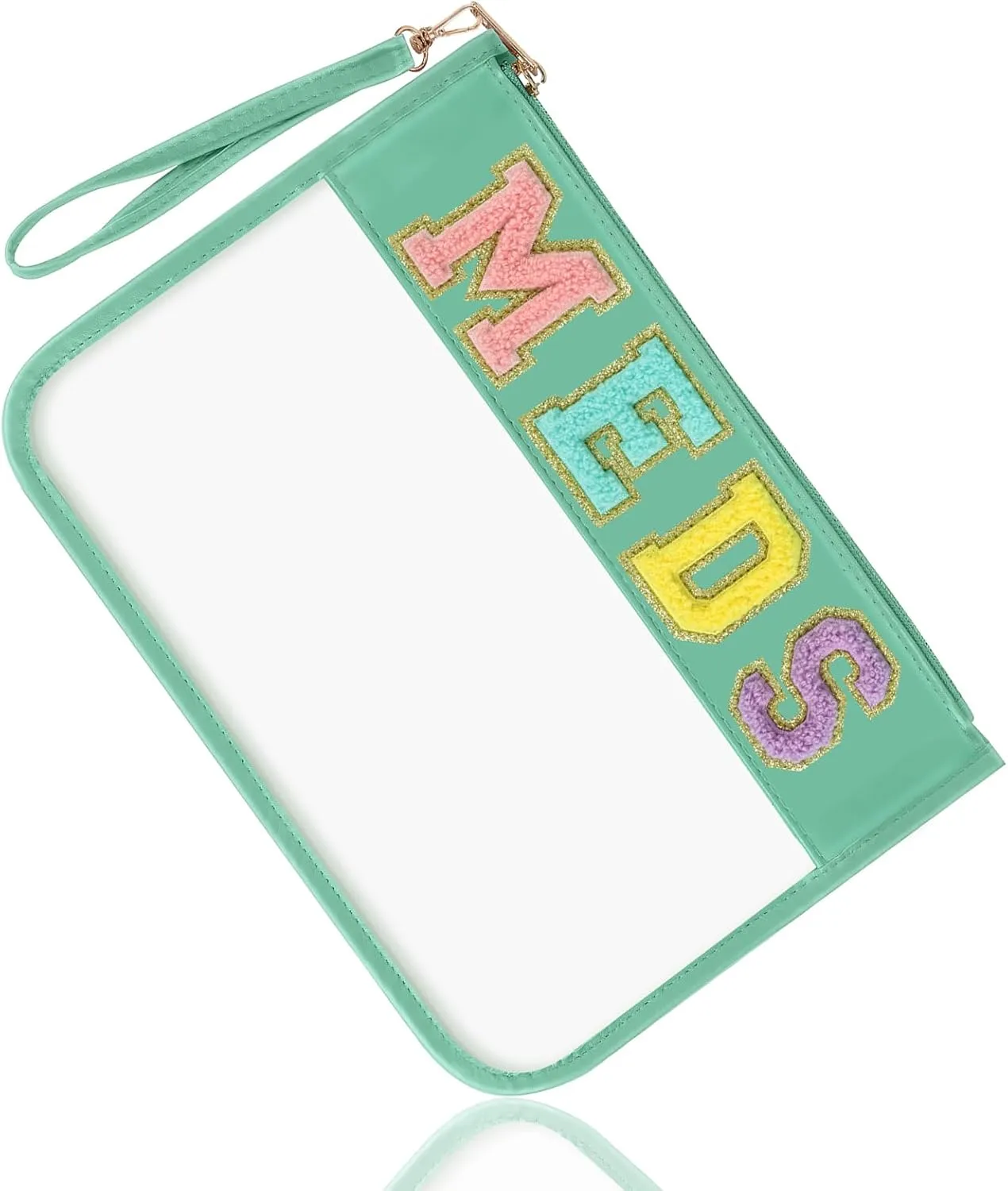 Chenille Letter Bag Clear MEDS Makeup Pouch, Preppy Patch Small Medicine Bag Travel Drugs Pills Zipper Pouch with Wristlet, Waterproof Portable Meds Bag Storage Organizer for Patient Nurse(MEDS-Green)
