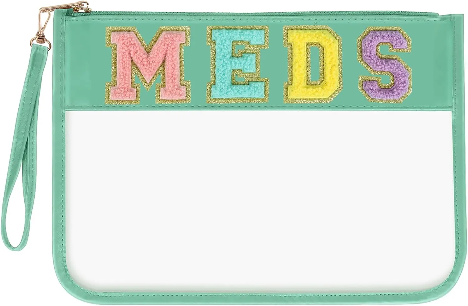 Chenille Letter Bag Clear MEDS Makeup Pouch, Preppy Patch Small Medicine Bag Travel Drugs Pills Zipper Pouch with Wristlet, Waterproof Portable Meds Bag Storage Organizer for Patient Nurse(MEDS-Green)
