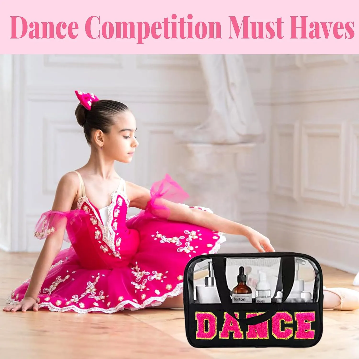 Chenille Letter Bags for Dance Recital Gifts Clear Ballet Dance Makeup Bag with Handle and Zipper Waterproof Nylon Portable Toiletry Bag, Dance Competition Must Haves