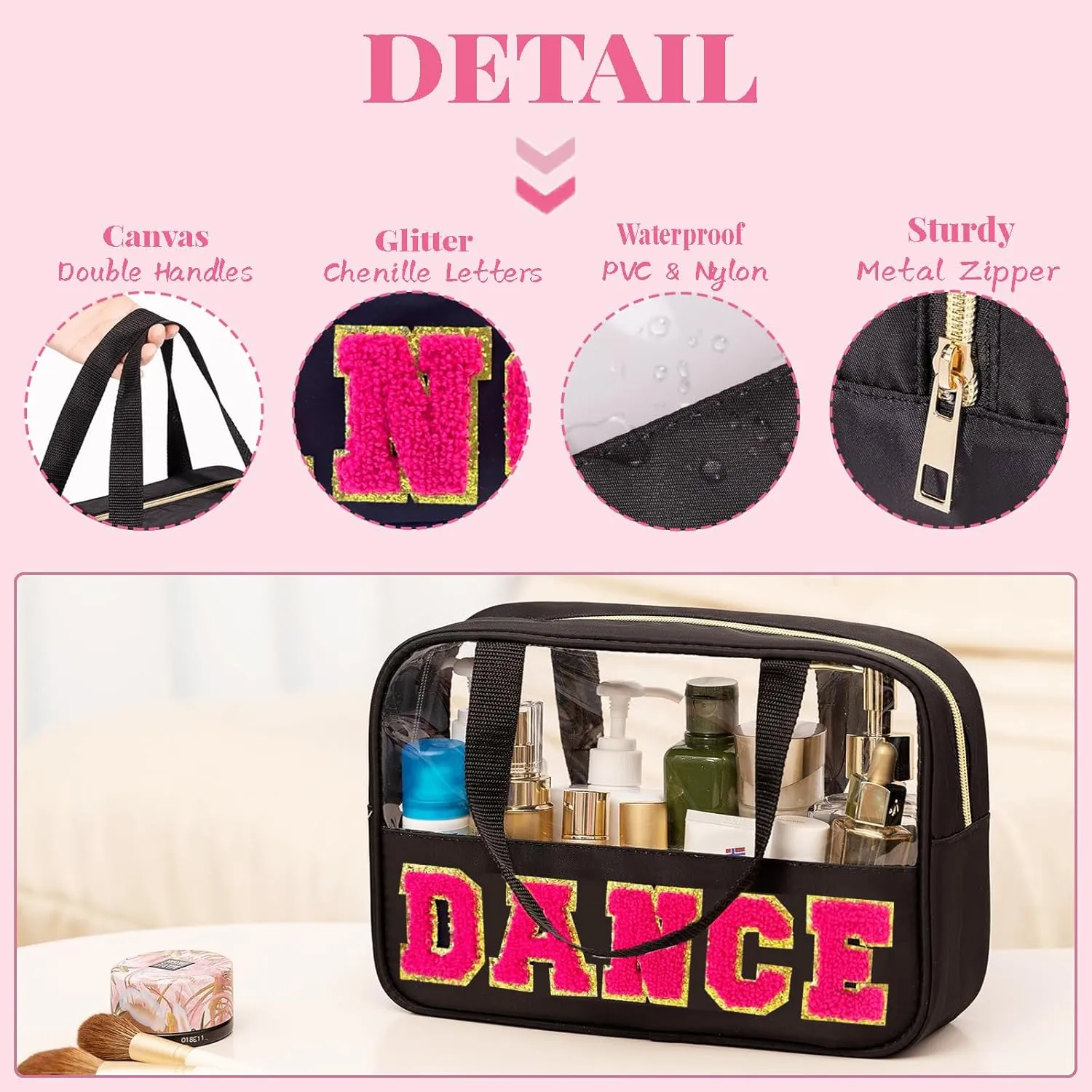 Chenille Letter Bags for Dance Recital Gifts Clear Ballet Dance Makeup Bag with Handle and Zipper Waterproof Nylon Portable Toiletry Bag, Dance Competition Must Haves