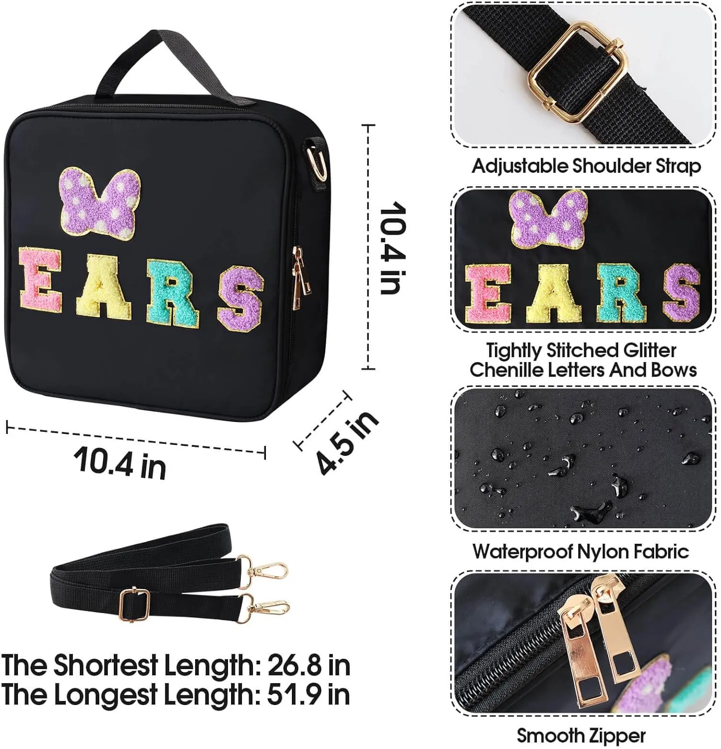 Chenille Letter Bow Mouse Ears Travel Case, Park Ears Headband Holder Hair Accessories Organizer Bag for Girls Women Kids Adults, Large Makeup Bag Snack Bags with Zipper for Travel Picnic - Black
