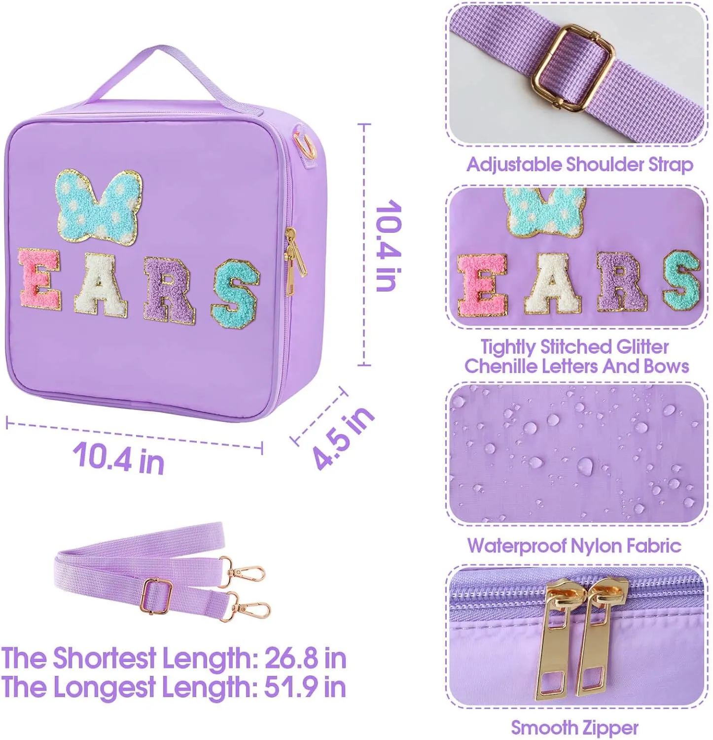 Chenille Letter Bow Mouse Ears Travel Case, Park Ears Headband Holder Hair Accessories Organizer Bag for Girls Women Kids Adults, Large Makeup Bag Snack Bags with Zipper for Travel Picnic - Purple
