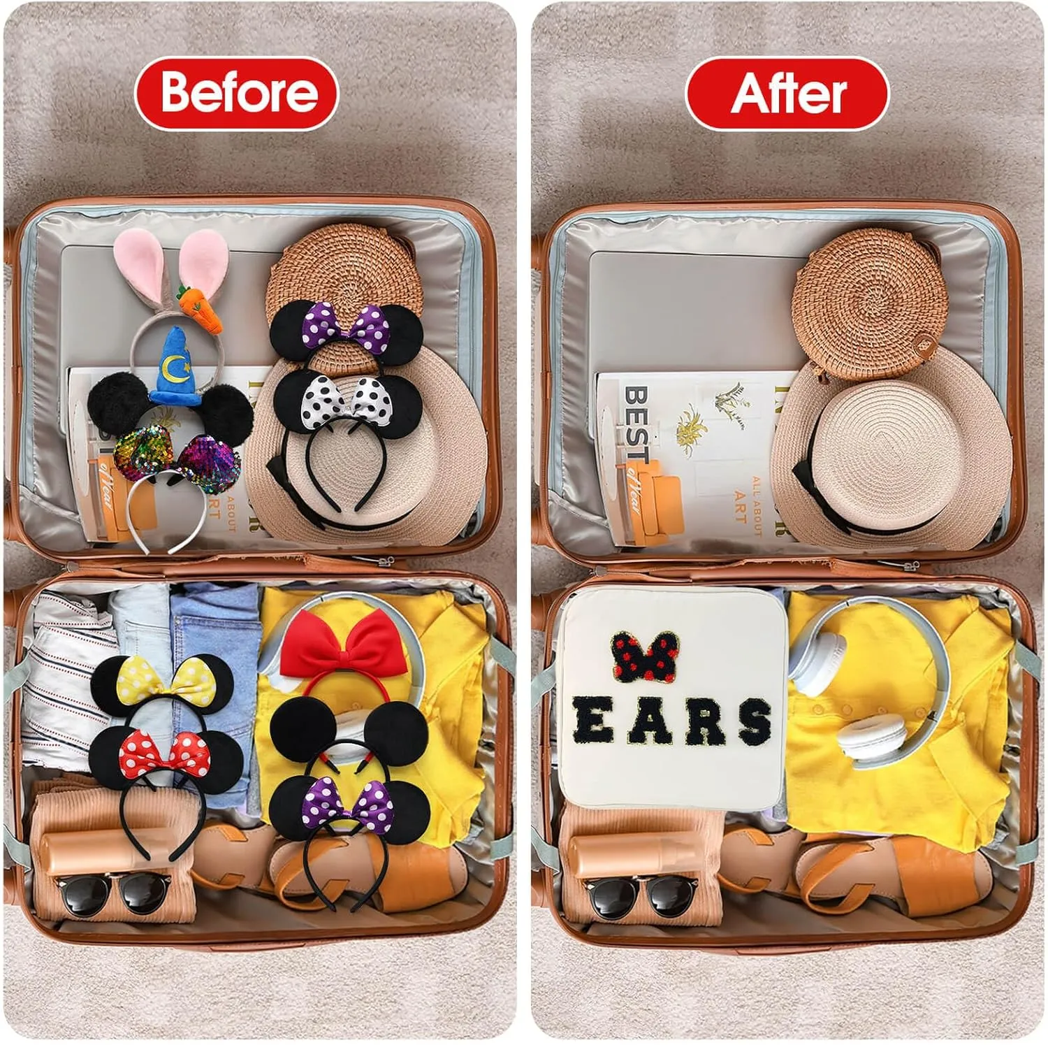 Chenille Letter Bow Mouse Ears Travel Case, Park Ears Headband Holder Hair Accessories Organizer Bag for Girls Women Kids Adults, Large Makeup Bag Snack Bags with Zipper for Travel Picnic - White