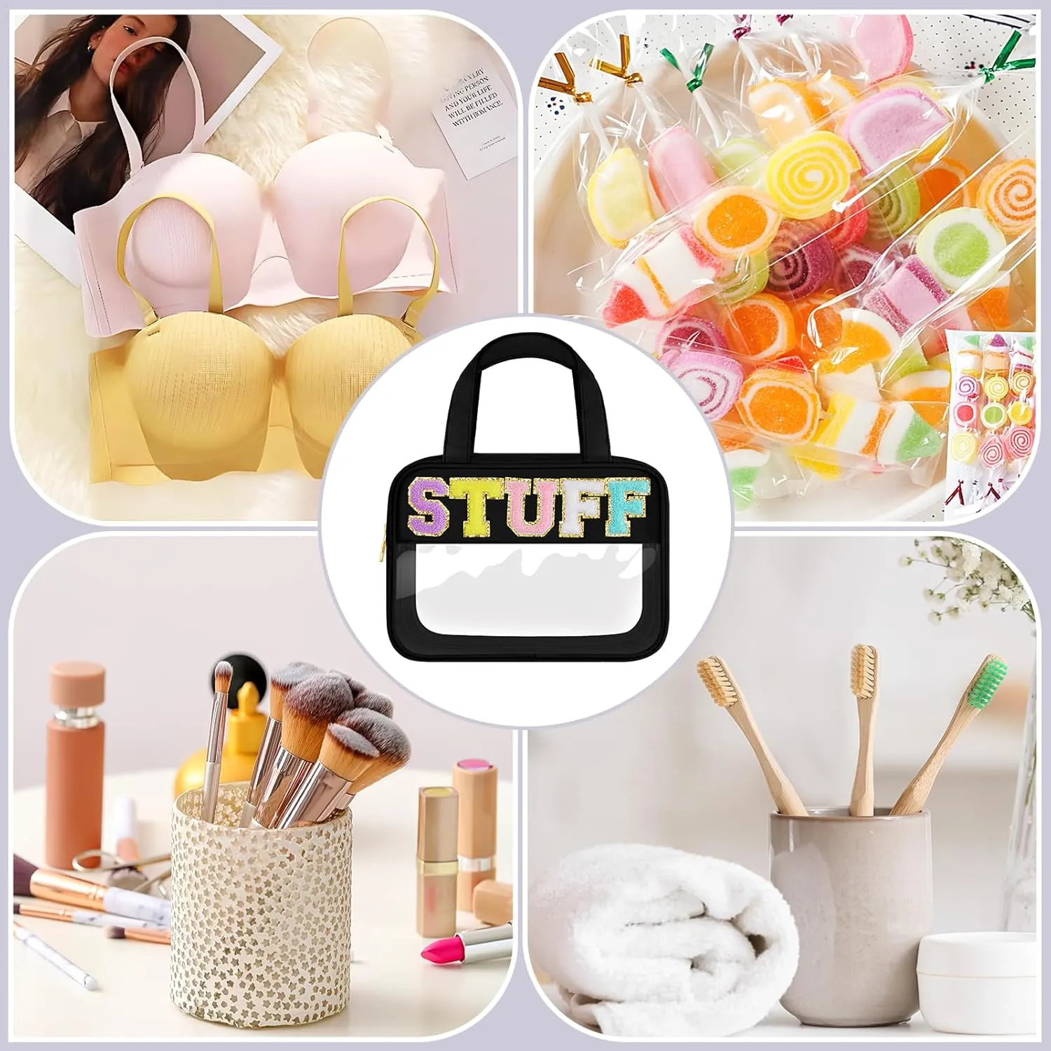 Chenille Letter Clear Makeup Bag, Preppy Cosmetic Bag Clear Snack Bags with Zipper, Stuff Bag Waterproof Sunscreen Bag Travel Toiletry Bag Cosmetic Pouch for Women and Girls (Stuff, Plus Size)