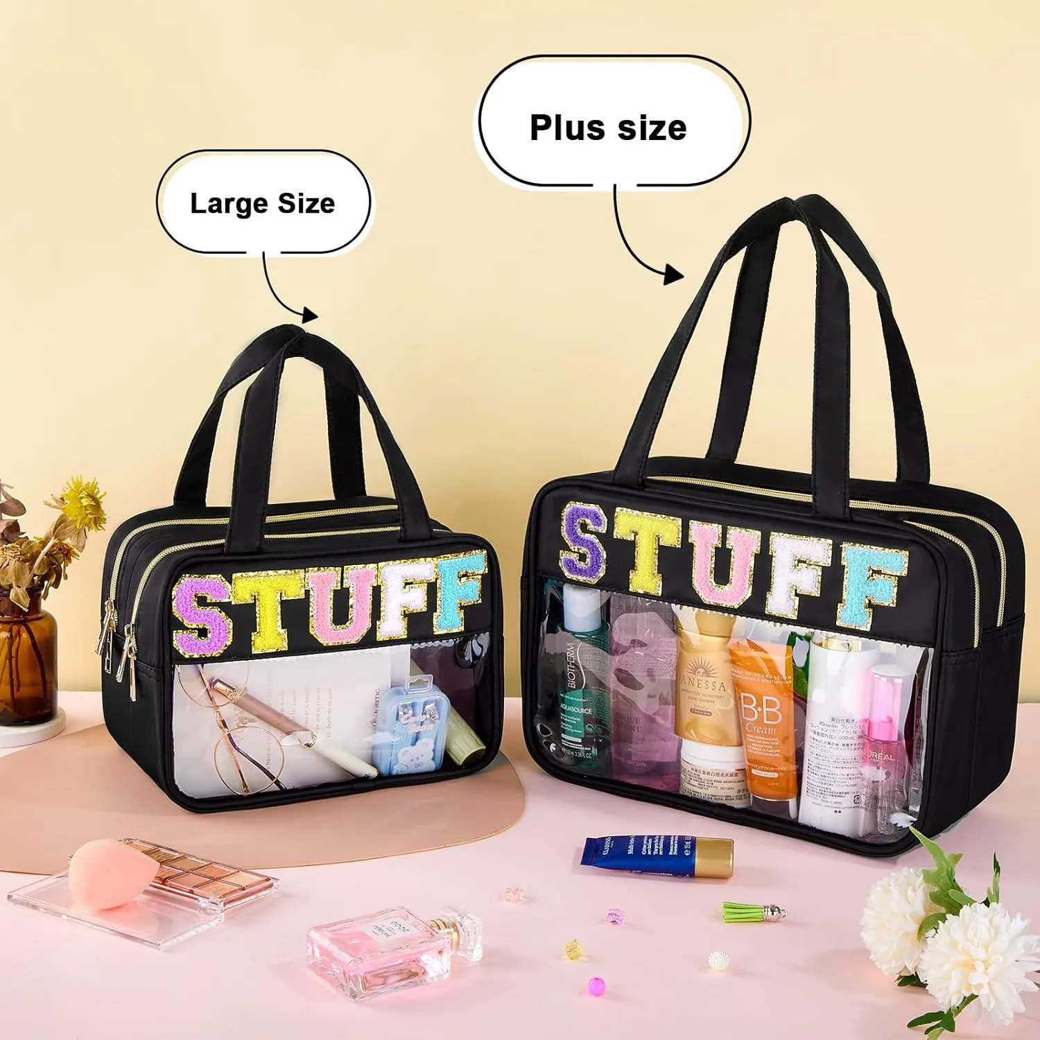 Chenille Letter Clear Makeup Bag, Preppy Cosmetic Bag Clear Snack Bags with Zipper, Stuff Bag Waterproof Sunscreen Bag Travel Toiletry Bag Cosmetic Pouch for Women and Girls (Stuff, Plus Size)