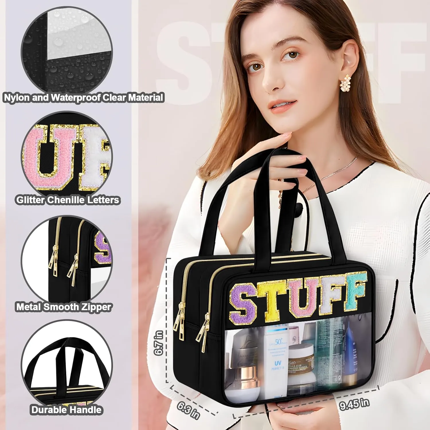 Chenille Letter Clear Makeup Bag, Preppy Cosmetic Bag Clear Snack Bags with Zipper, Stuff Bag Waterproof Sunscreen Bag Travel Toiletry Bag Cosmetic Pouch for Women and Girls (Stuff, Plus Size)
