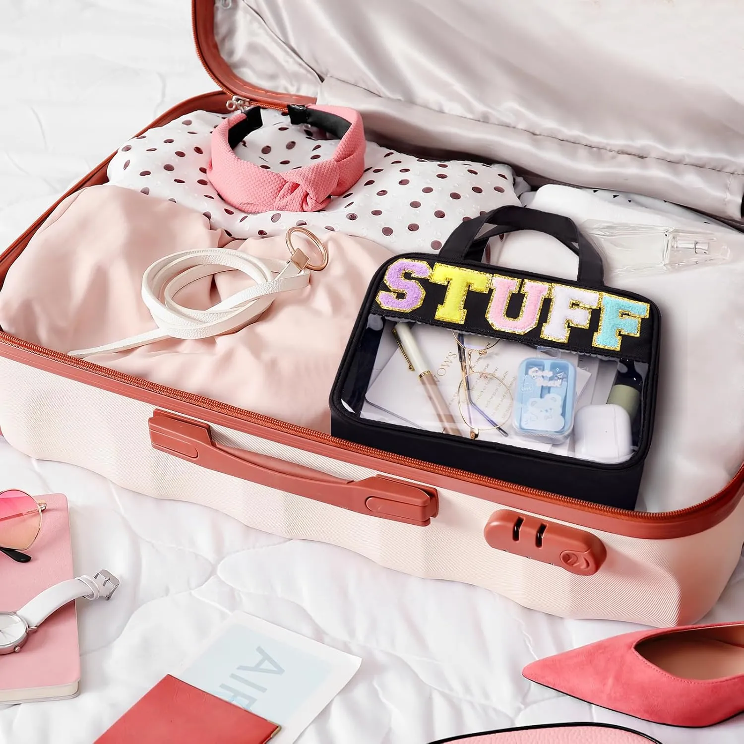 Chenille Letter Clear Makeup Bag, Preppy Cosmetic Bag Clear Snack Bags with Zipper, Stuff Bag Waterproof Sunscreen Bag Travel Toiletry Bag Cosmetic Pouch for Women and Girls (Stuff, Plus Size)