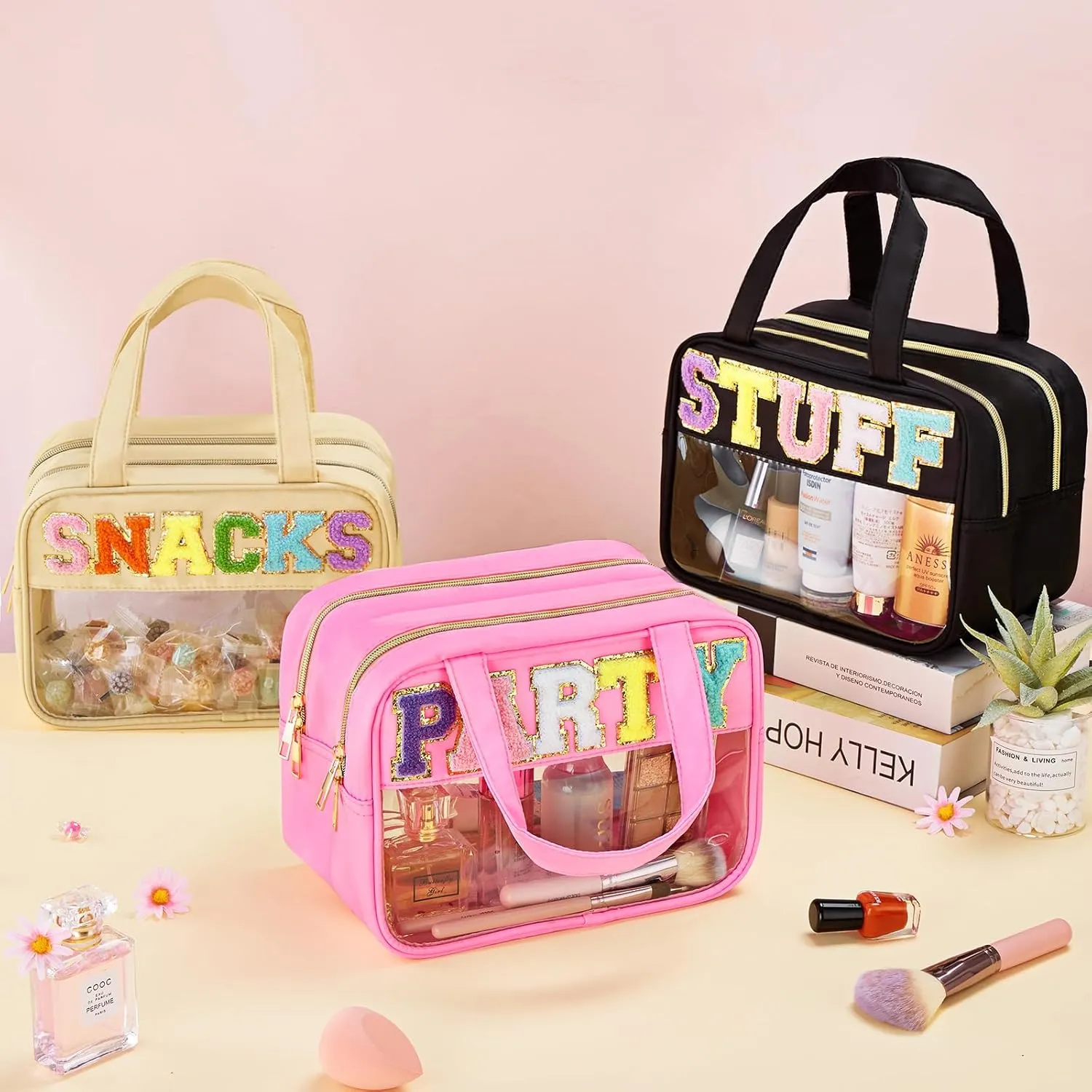 Chenille Letter Clear Makeup Bag, Preppy Cosmetic Bag with Zipper, Stuff Bag Waterproof Sunscreen Bag Travel Toiletry Pouch for Women and Girls (Black 3, Plus Size)