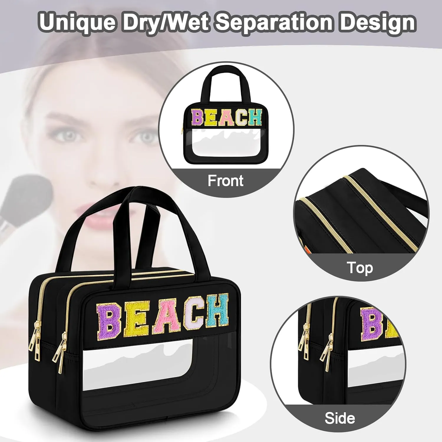 Chenille Letter Clear Makeup Bag, Preppy Cosmetic Bag with Zipper, Stuff Bag Waterproof Sunscreen Bag Travel Toiletry Pouch for Women and Girls (Black 3, Plus Size)