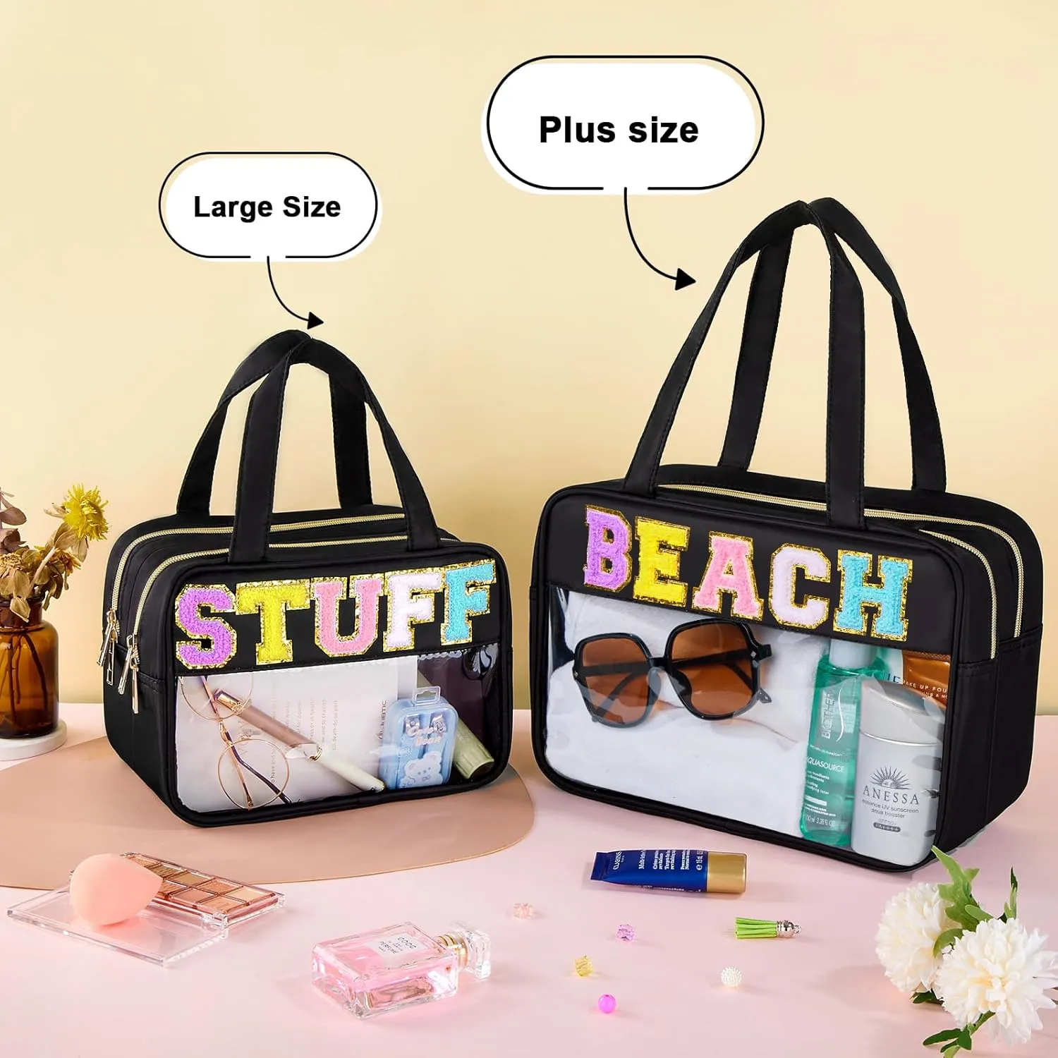 Chenille Letter Clear Makeup Bag, Preppy Cosmetic Bag with Zipper, Stuff Bag Waterproof Sunscreen Bag Travel Toiletry Pouch for Women and Girls (Black 3, Plus Size)