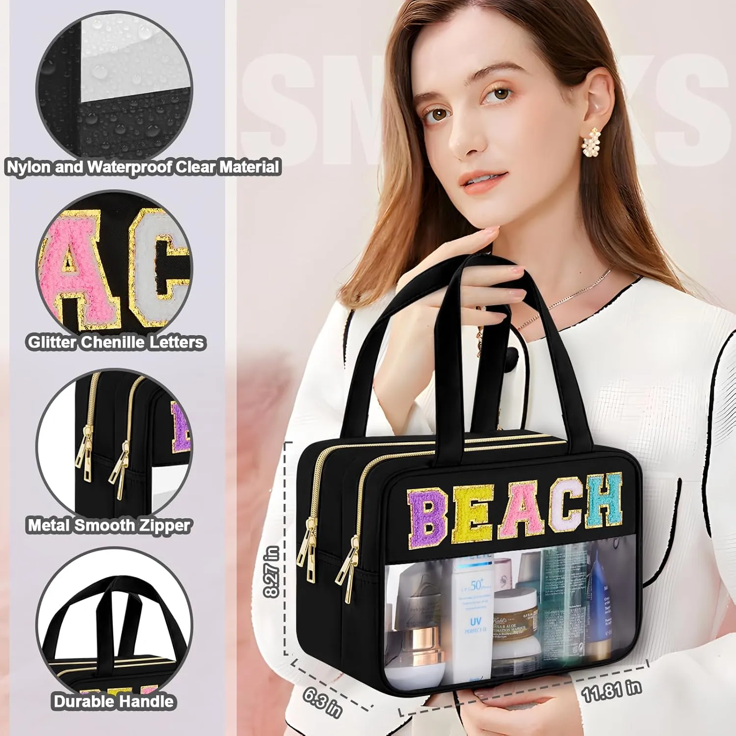 Chenille Letter Clear Makeup Bag, Preppy Cosmetic Bag with Zipper, Stuff Bag Waterproof Sunscreen Bag Travel Toiletry Pouch for Women and Girls (Black 3, Plus Size)