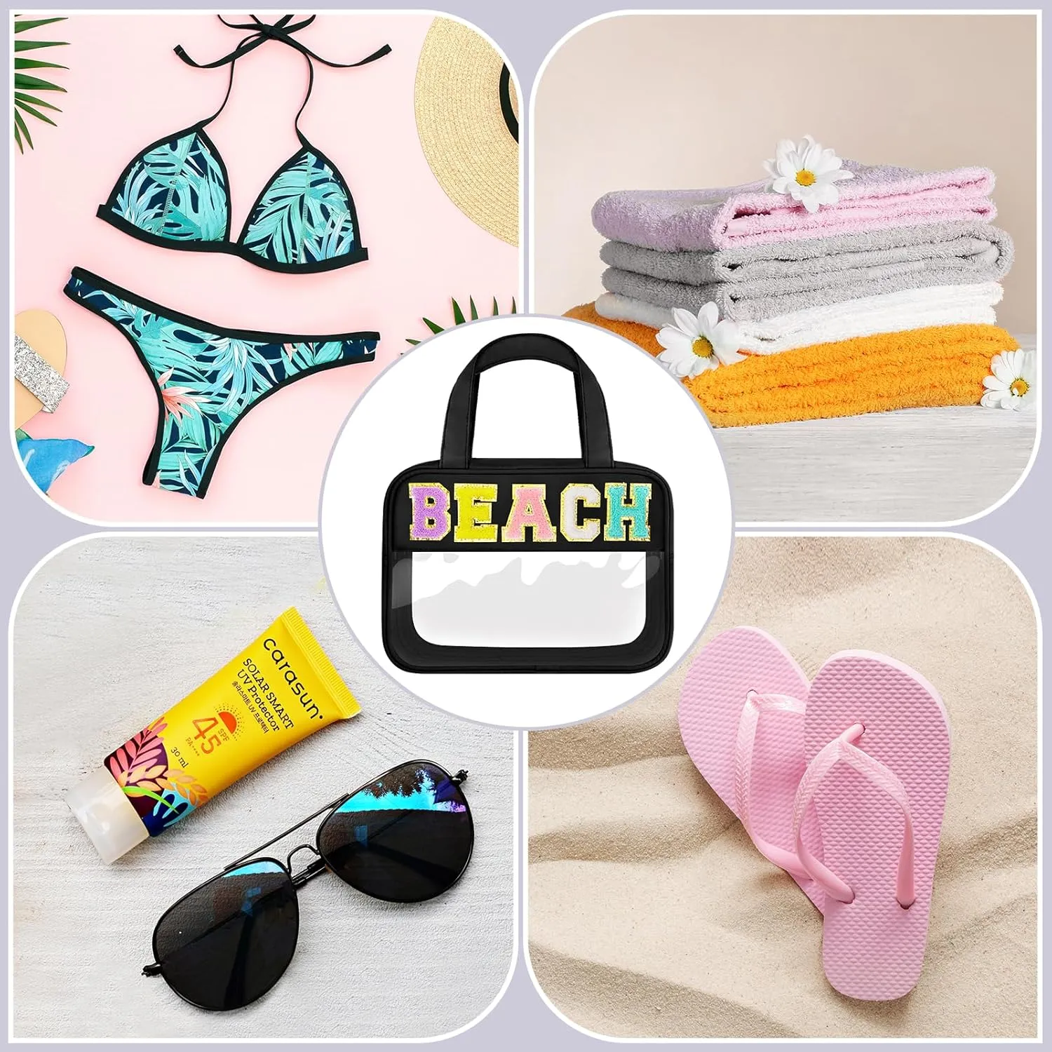Chenille Letter Clear Makeup Bag, Preppy Cosmetic Bag with Zipper, Stuff Bag Waterproof Sunscreen Bag Travel Toiletry Pouch for Women and Girls (Black 3, Plus Size)