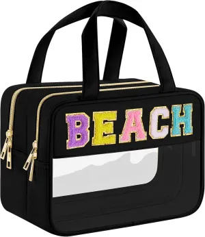 Chenille Letter Clear Makeup Bag, Preppy Cosmetic Bag with Zipper, Stuff Bag Waterproof Sunscreen Bag Travel Toiletry Pouch for Women and Girls (Black 3, Plus Size)