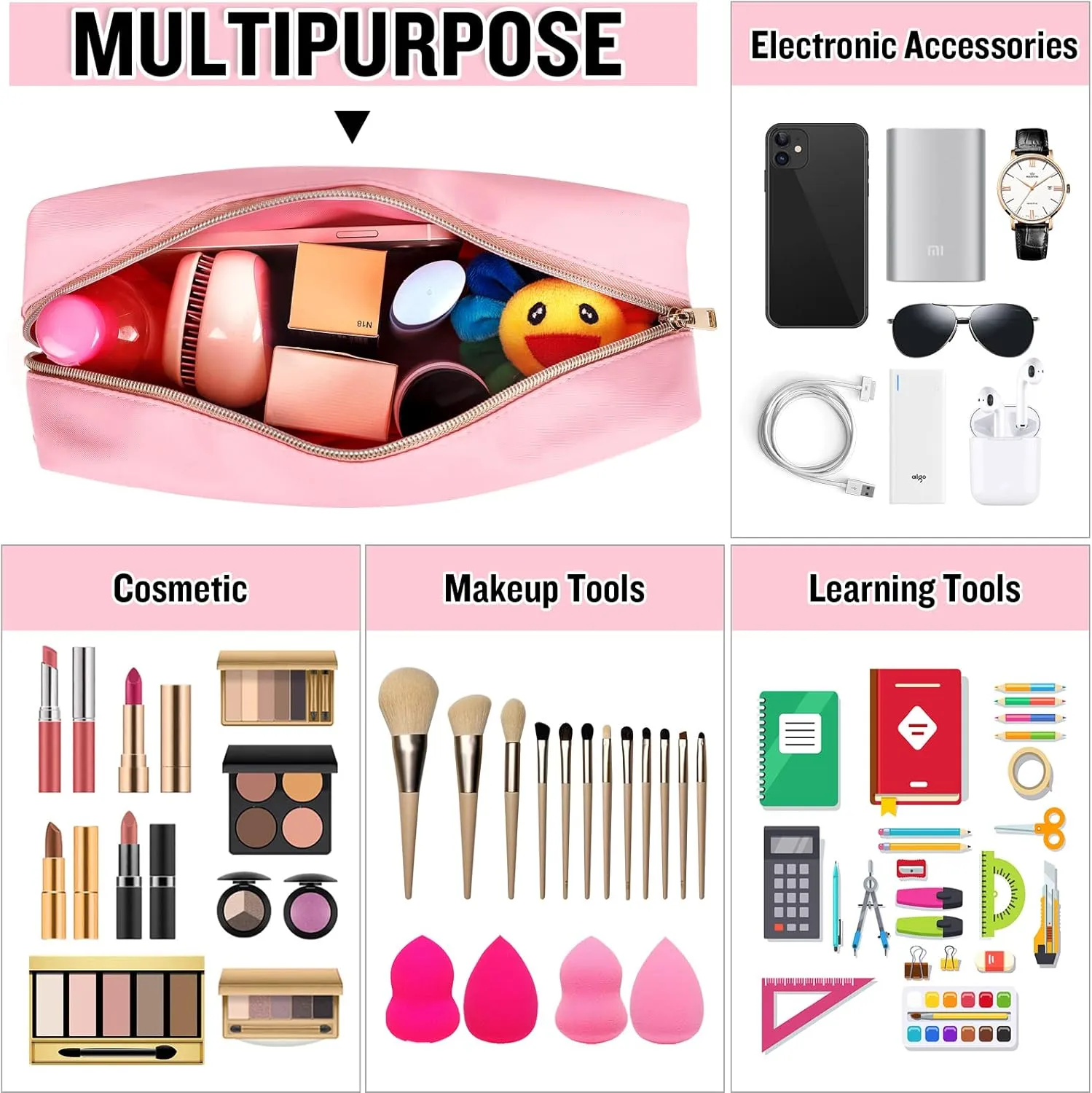 Chenille Letter Clear Makeup Bags Face Pouch, Preppy Patch Makeup Bag with Zipper, Transparent PVC & Nylon Waterproof Portable Glitter Cosmetic Bag Travel Toiletry Storage for Women Girl(FACE-Pink)