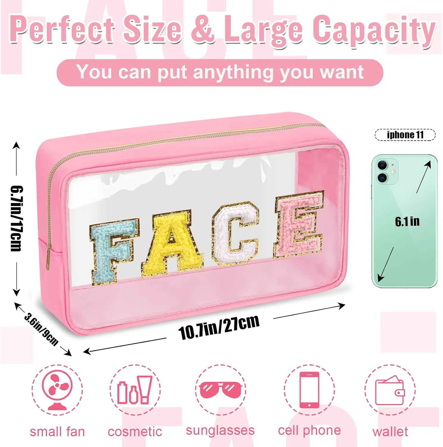 Chenille Letter Clear Makeup Bags Face Pouch, Preppy Patch Makeup Bag with Zipper, Transparent PVC & Nylon Waterproof Portable Glitter Cosmetic Bag Travel Toiletry Storage for Women Girl(FACE-Pink)