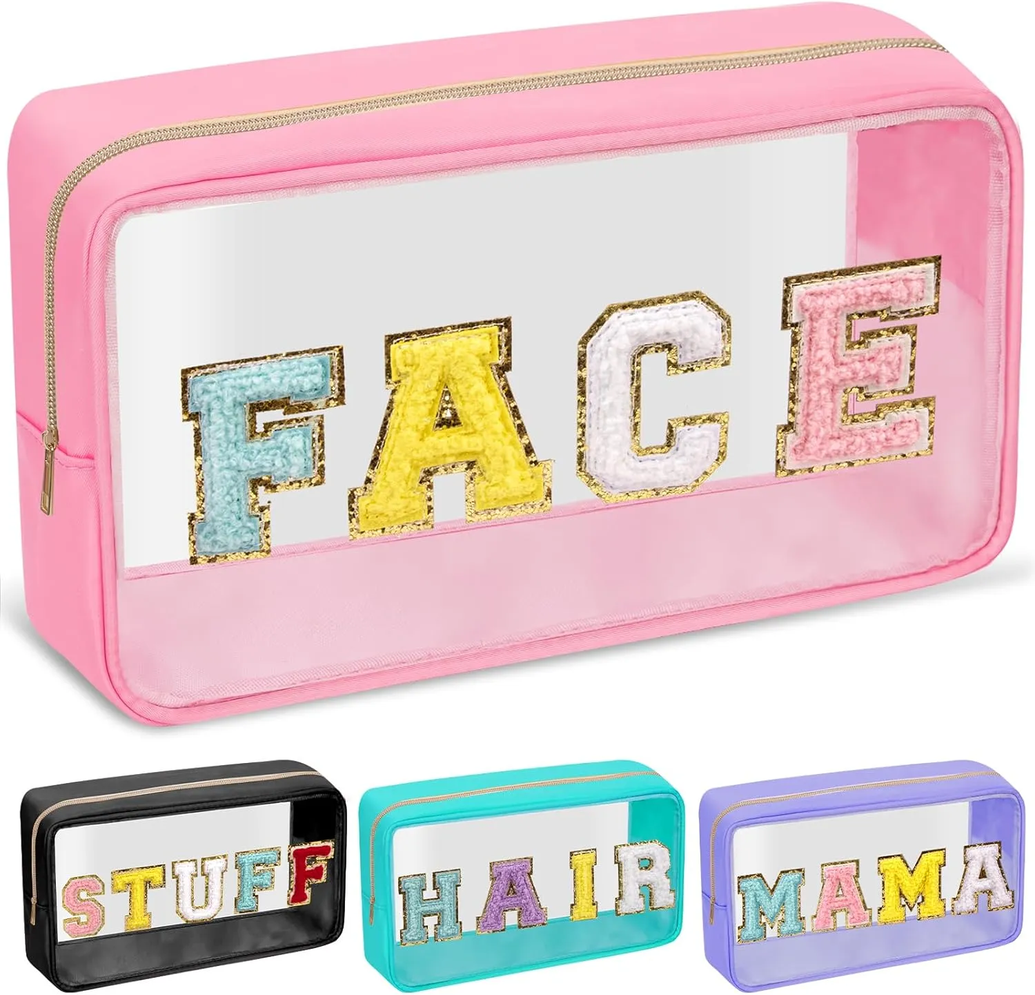 Chenille Letter Clear Makeup Bags Face Pouch, Preppy Patch Makeup Bag with Zipper, Transparent PVC & Nylon Waterproof Portable Glitter Cosmetic Bag Travel Toiletry Storage for Women Girl(FACE-Pink)