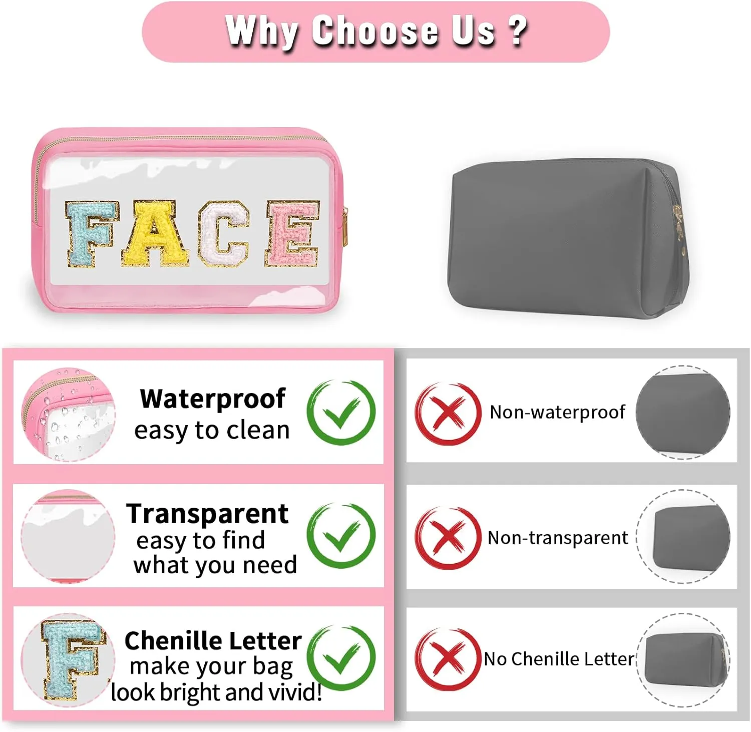 Chenille Letter Clear Makeup Bags Face Pouch, Preppy Patch Makeup Bag with Zipper, Transparent PVC & Nylon Waterproof Portable Glitter Cosmetic Bag Travel Toiletry Storage for Women Girl(FACE-Pink)