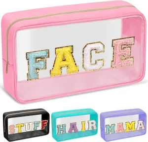 Chenille Letter Clear Makeup Bags Face Pouch, Preppy Patch Makeup Bag with Zipper, Transparent PVC & Nylon Waterproof Portable Glitter Cosmetic Bag Travel Toiletry Storage for Women Girl(FACE-Pink)