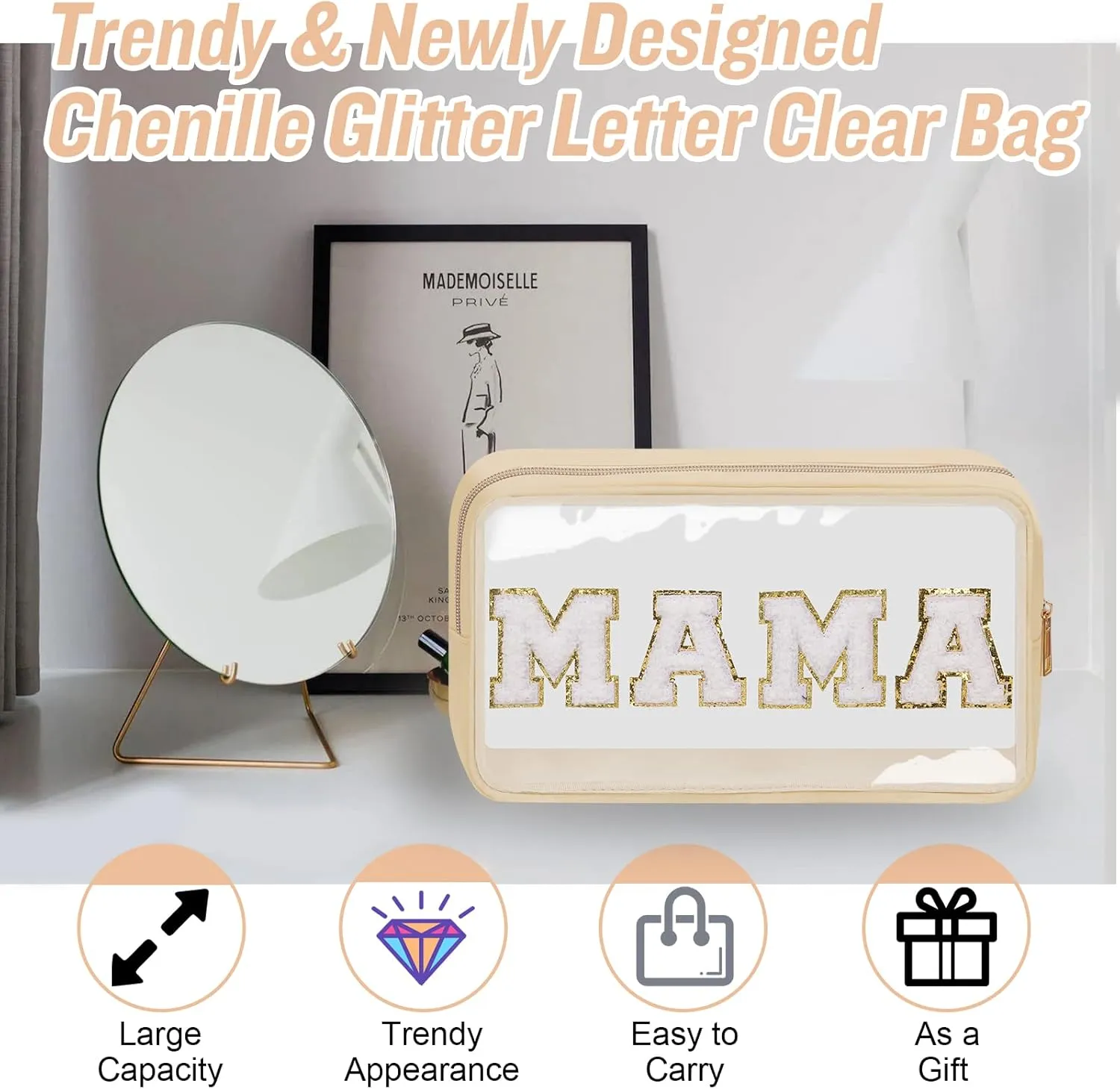 Chenille Letter Clear Makeup Bags Mama Pouch, Preppy Patch Makeup Bag with Zipper, Transparent PVC & Nylon Waterproof Portable Glitter Cosmetic Bag Travel Toiletry Storage for Women Girls(MAMA-Beige)
