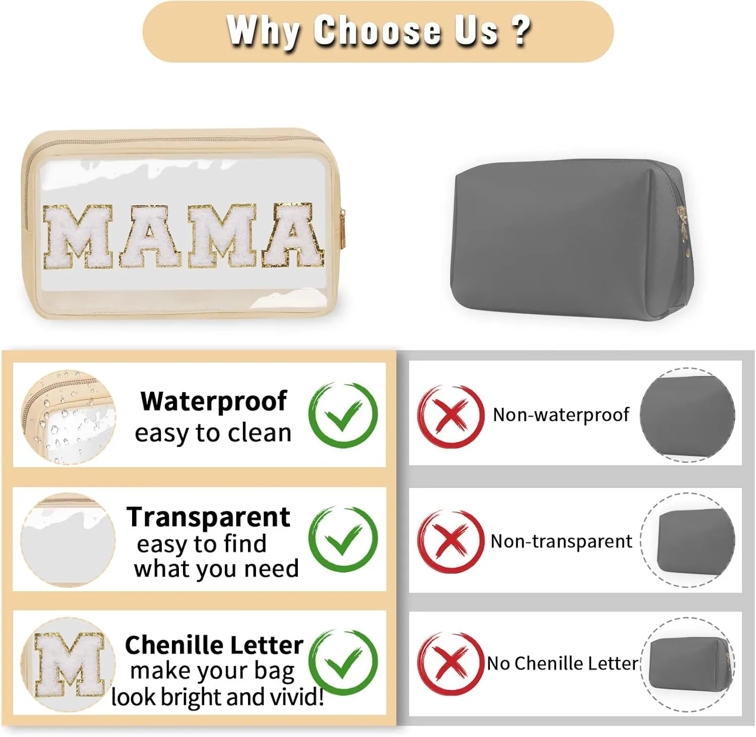 Chenille Letter Clear Makeup Bags Mama Pouch, Preppy Patch Makeup Bag with Zipper, Transparent PVC & Nylon Waterproof Portable Glitter Cosmetic Bag Travel Toiletry Storage for Women Girls(MAMA-Beige)