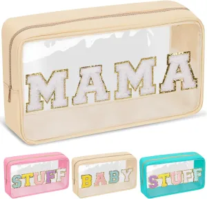 Chenille Letter Clear Makeup Bags Mama Pouch, Preppy Patch Makeup Bag with Zipper, Transparent PVC & Nylon Waterproof Portable Glitter Cosmetic Bag Travel Toiletry Storage for Women Girls(MAMA-Beige)