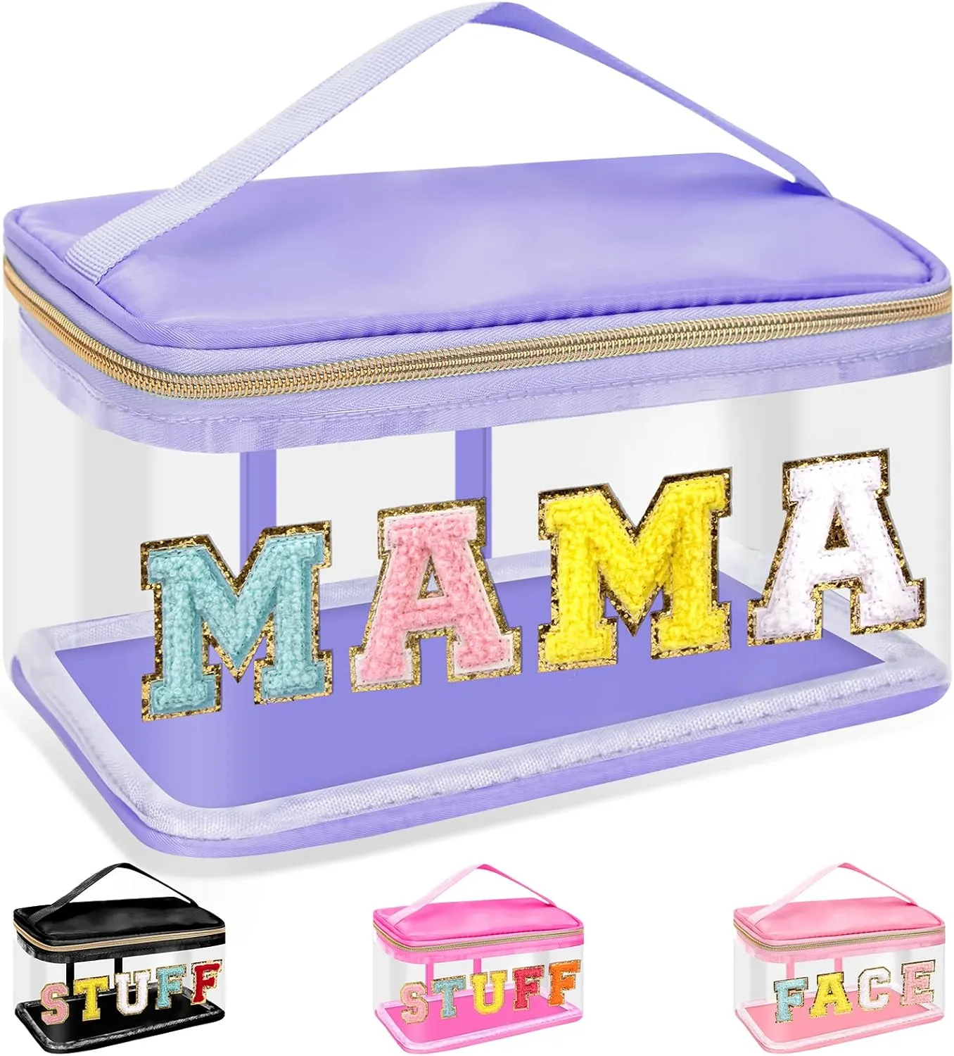 Chenille Letter Clear Makeup Bags Mama Pouch, Preppy Patch Makeup Bag Zipper with Handle, Transparent PVC & Nylon Waterproof Glitter Cosmetic Handbag Travel Toiletry Storage for Women(MAMA-Purple)